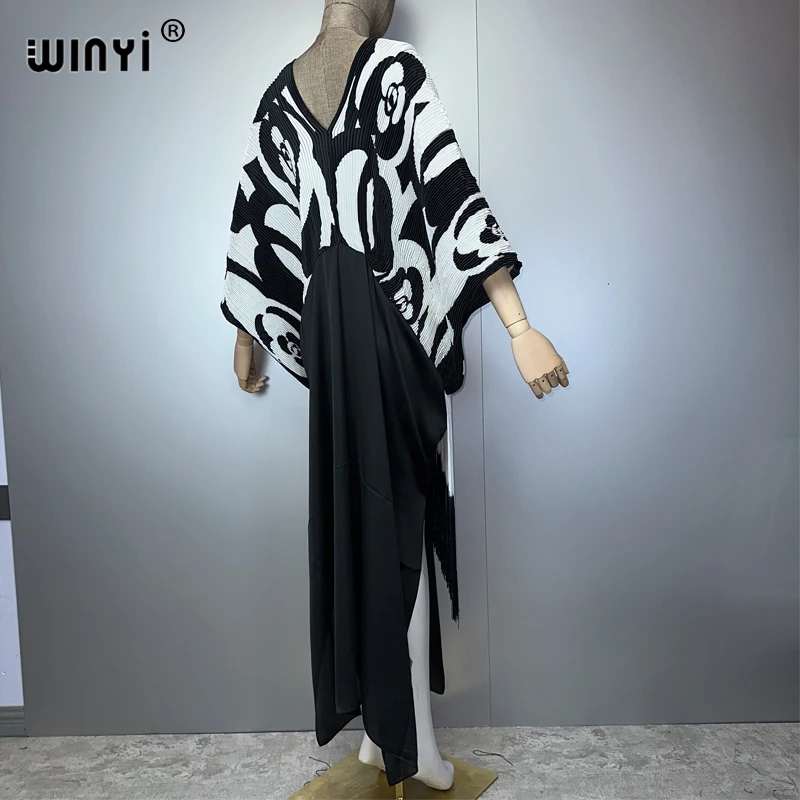 WINYI Gradual tassel dress Women crumple Design Loose boho robe Maxi Long Femme Vestidos holiday Party Elegant Pleated dress