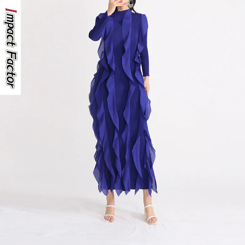 Autumn New French Vintage Style 2024 Standing Neck Long Sleeve High Elastic Flesh Shield Ruffle Edge Solid Color Long Dress