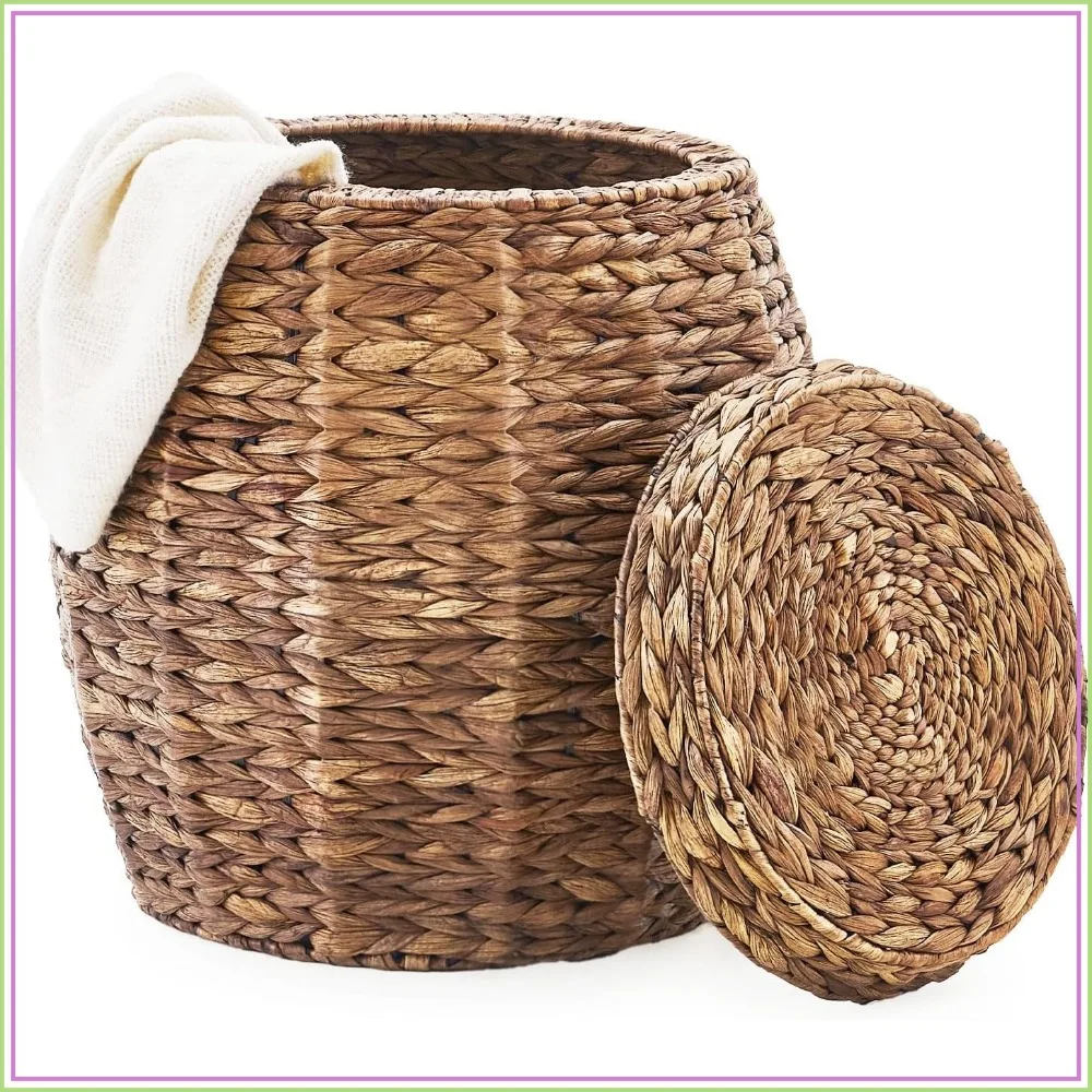 Round Wicker Basket with Lid, Handwoven Hyacinth Storage, Laundry, Blanket Organizer