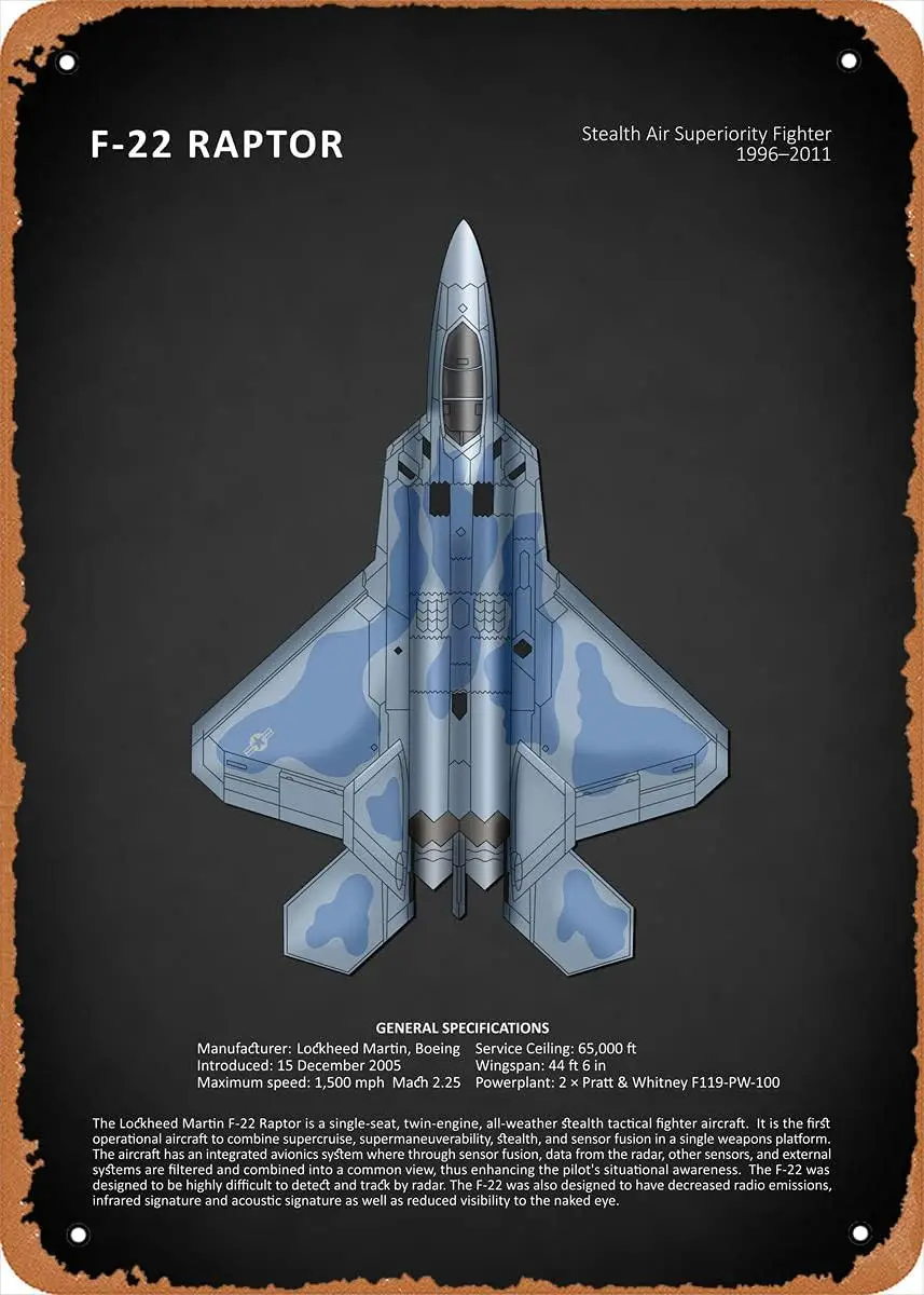 1p,The F22 Raptor Aircraft Retro Vintage Decorative Metal Tin Sign  Inch