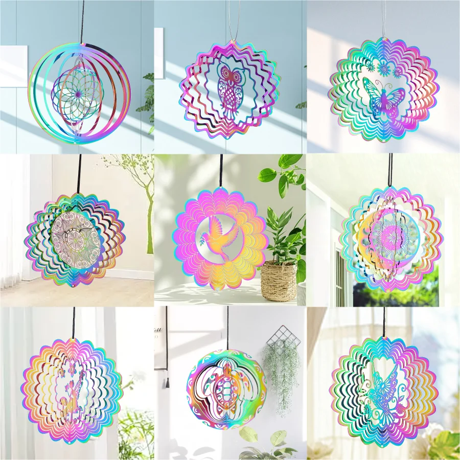10cm Colorful Metal Hanging Disc Ornament Butterfly Owl Flower Laser Cut Garden Decor Wind Spinner