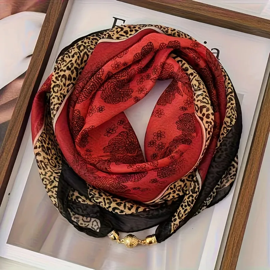 

Luxury Magnetic Buckle chiffon Silk Scarf Women Print Neck Protector Square Scarf For Summer Sun Protection Fashionabl Scarves