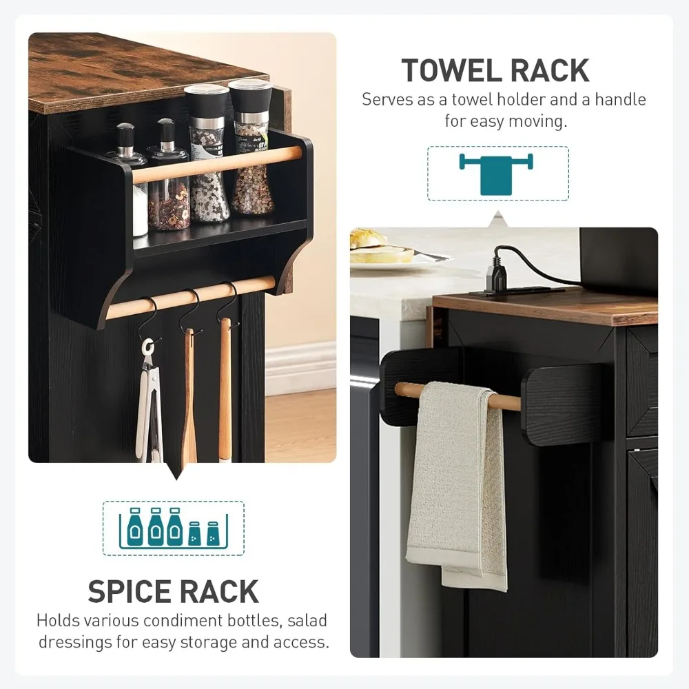 Kitchen Island with Drop Leaf, Kitchen Cart with Charging Station, Kitchen Table with Storage, Rolling Island Table with 3 Drawe