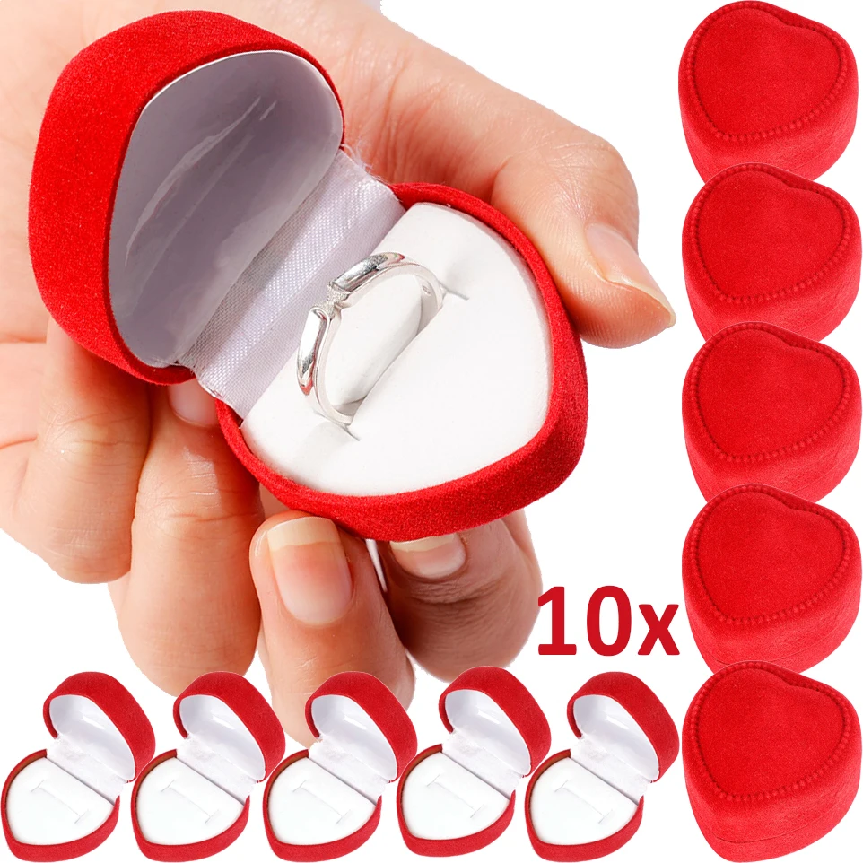 1-10pcs Ring Box Velvet Red Heart Shaped Jewelry Box  Earrings Display Cases Holder Gift Boxes Bridal Wedding Jewelry Organizer