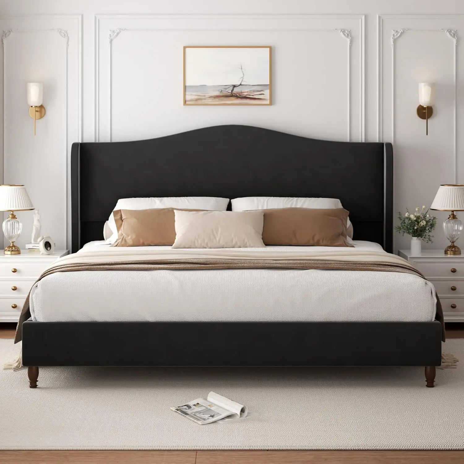 

Кровать King-size с мягкой обивкой и изголовьем Wingback 51 дюйм, деревянные ножки, бесшумная, простая сборка, на заказ