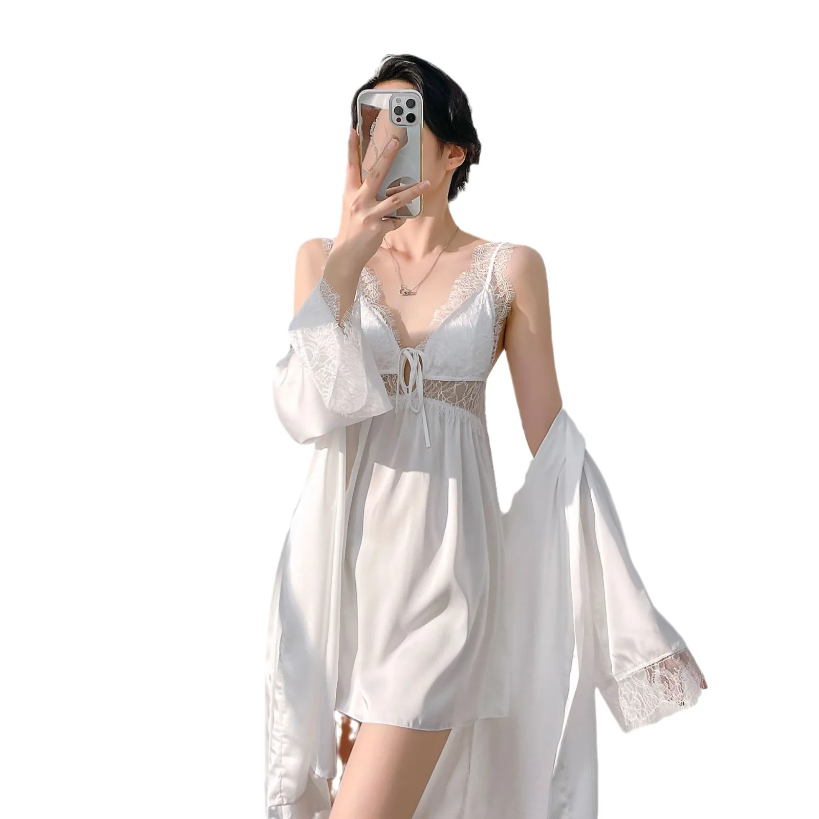 Twinset Robe ชุดเดรสชุดนอนหญิงชุดชั้นในลูกไม้ Hollow OUT เสื้อคลุมอาบน้ําชุดกิโมโนชุดฤดูร้อนชุดนอน