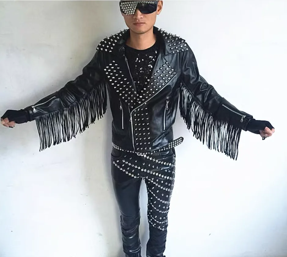 Rock punk leather tassel men's jacket, band singer performance uniform