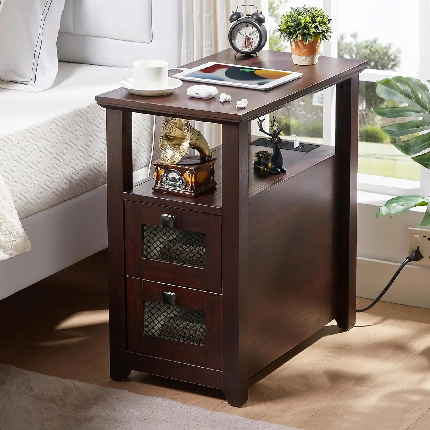 

Side Table with Charging Station, Narrow Side Table with USB Ports and Sockets, with 2 Drawer Storage