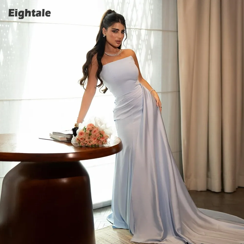 

Eightale Arabic Evening Dress Strapless Customized Pleats Stretchy Mermaid Light Blue Wedding Party Dress Vestido De Noche