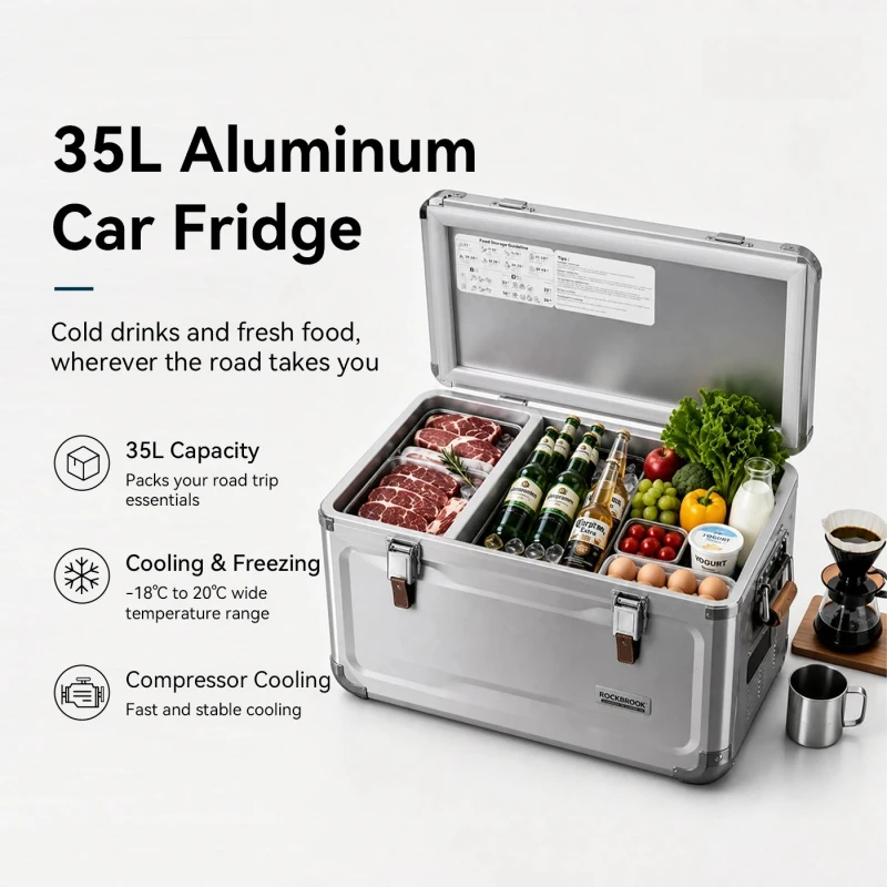 Premium 35L 38QT Aluminum Cabinet Portable Car Fridge Freezer -18C Low Noise 12V 24V for Overland SUV Truck Camping Parts