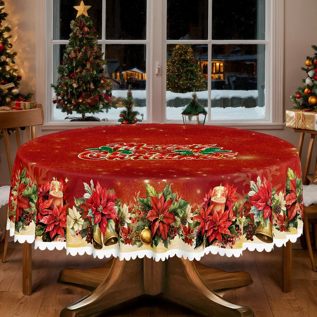 Pack of 1, red Christmas and New Year theme tablecloth, candles, poinsettias, bells and winter snow scene design