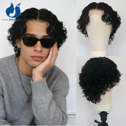 Amethyst Short Curls Bob Wig Human Hair for Men 13x6 Lace Front Wig Brazilian Remy Pixie Cut Male Hair Middle Part Pre plucked