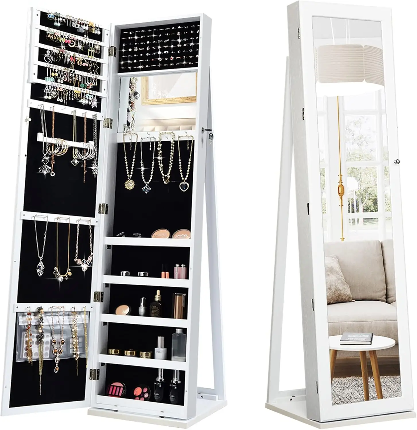 Standing Jewelry Armoire with Tall Full Length Mirror, 2-in-1 Lockable Jewelry Cabinet Organizer with Large Storage Capacity, In