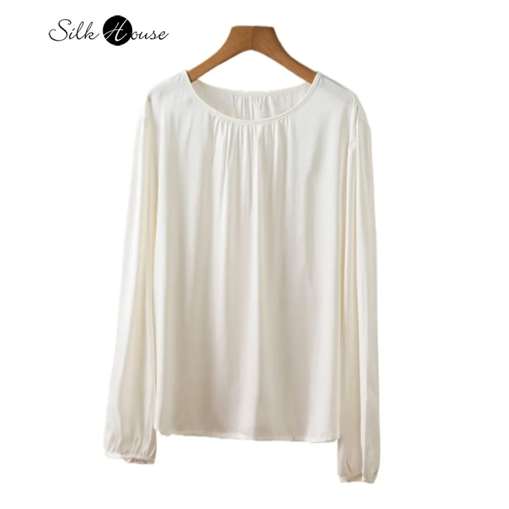 

2026 Spring Clothing 23MM 93% Natural Mulberry Silk Elastic Satin Round Neck Commuter Loose Versatile Long Sleeve White T-shirt