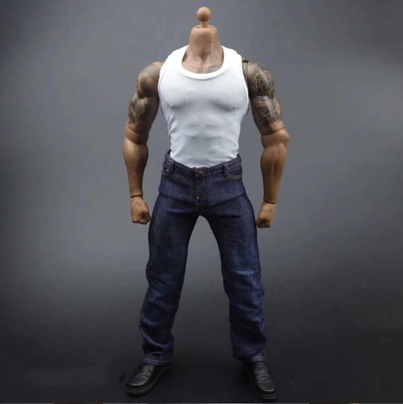 Calças Macacão de Combate para Bonecas, Soldado Forte, Acessório Jeans Azul, T-Shirt Apertado Curto, 1:6 Figura Corpo, SKM009, AT027, 1:6