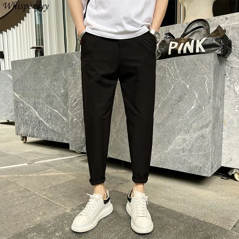 Spodnie męskie letnie cienkie proste nogawki spodnie na co dzień dziewięć punktów obcisłe spodnie męskie kieszenie Pantalones Harajuku spodnie w jednolitym kolorze