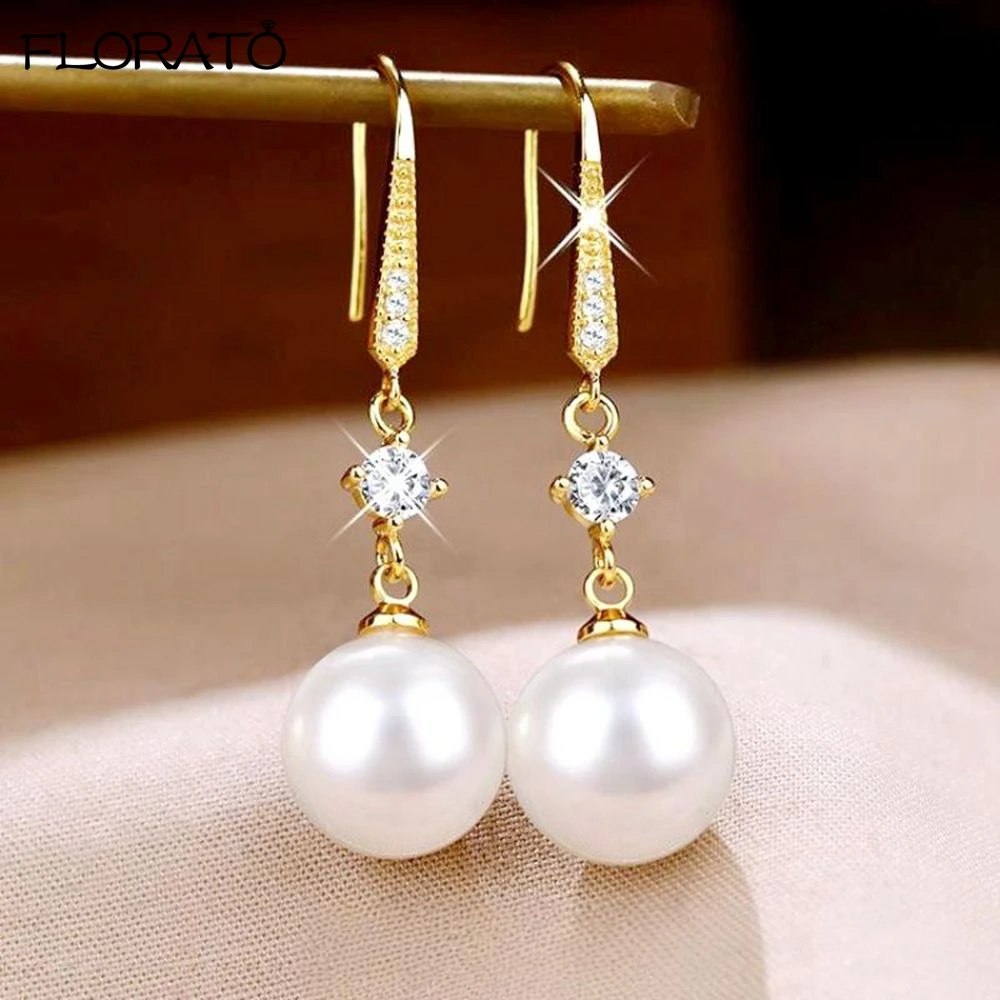 

925 Sterling Silver Needle Temperament Simple Round Simulation Pearl Pendant Earrings Female Exquisite High-end Pearl Jewelry