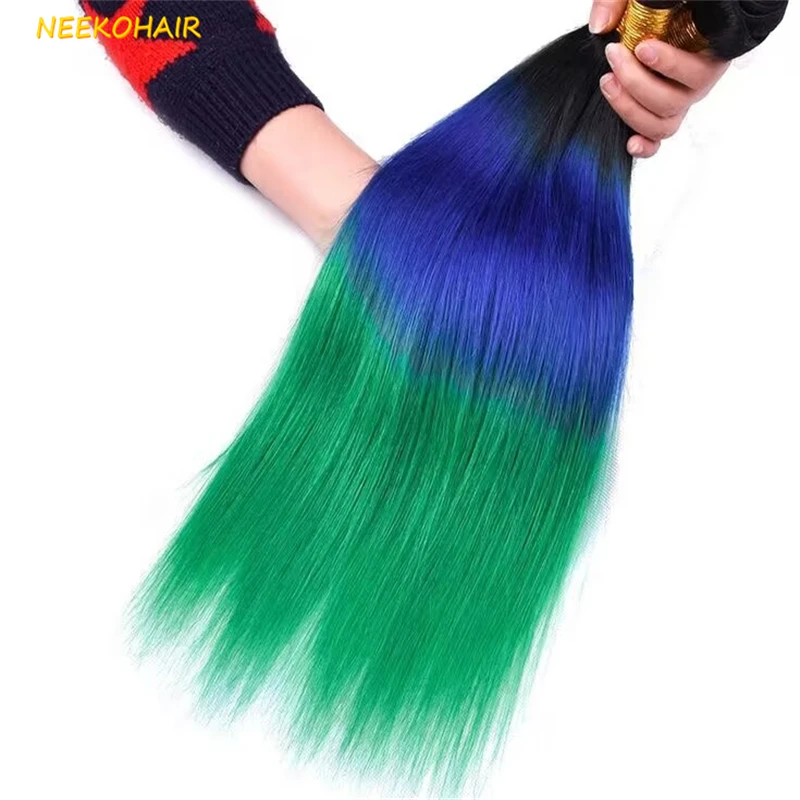 Ombre 3t 1B-Blue-Green 3 Bundles With 4x4 Closure Weave Straight Remy 100% Human Hair 1B-Blue-Green 3 Bundles With 13x4 Frontal