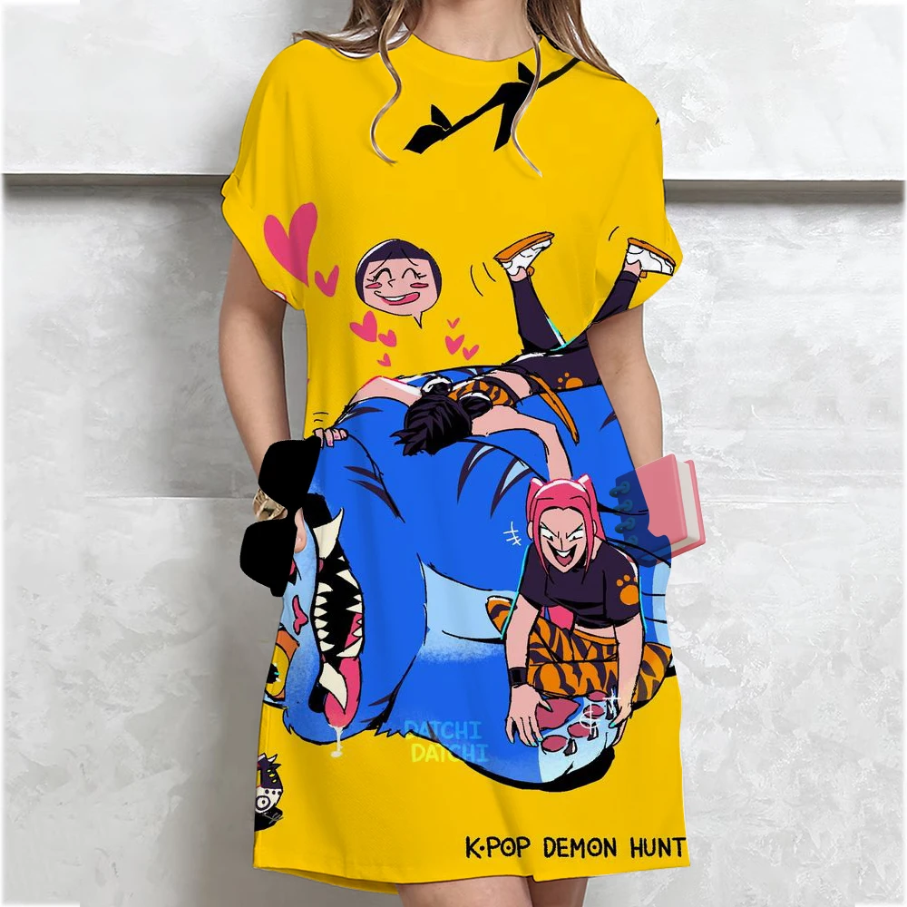 فستان Kpop Demon Hunters Huntrix فستان نسائي فضفاض غير رسمي برقبة دائرية وأكمام قصيرة فستان قصير فضفاض أنيق لحفلات الشاطئ والعطلات