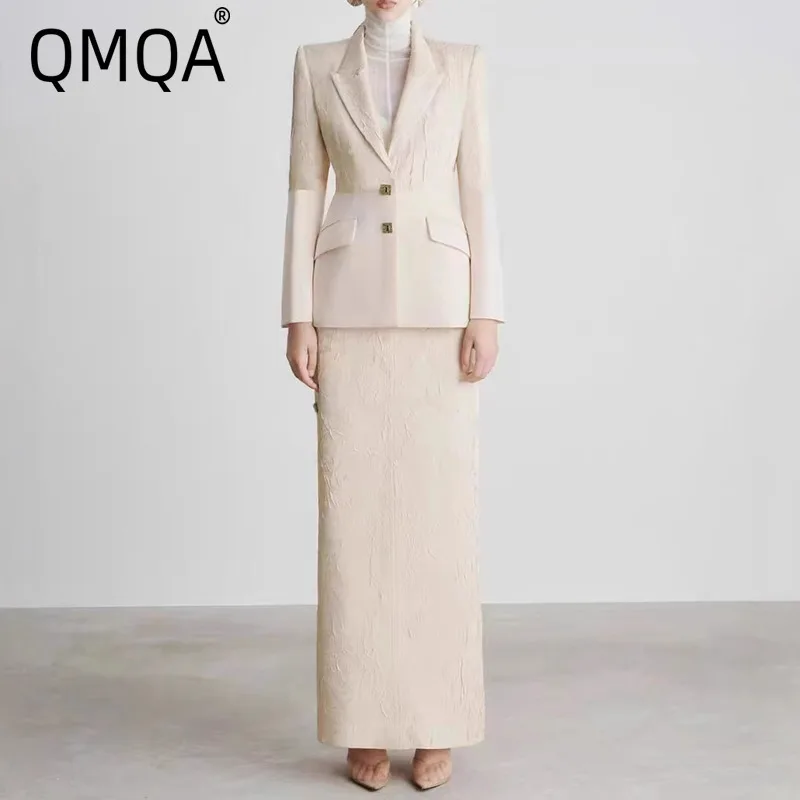 QMQA Fashion Women's Elegant Jacquard 2 Pcs Set Splice Button Notched Blazer Coat Zipper Split Skirts Formal Sets Autumn 1A707