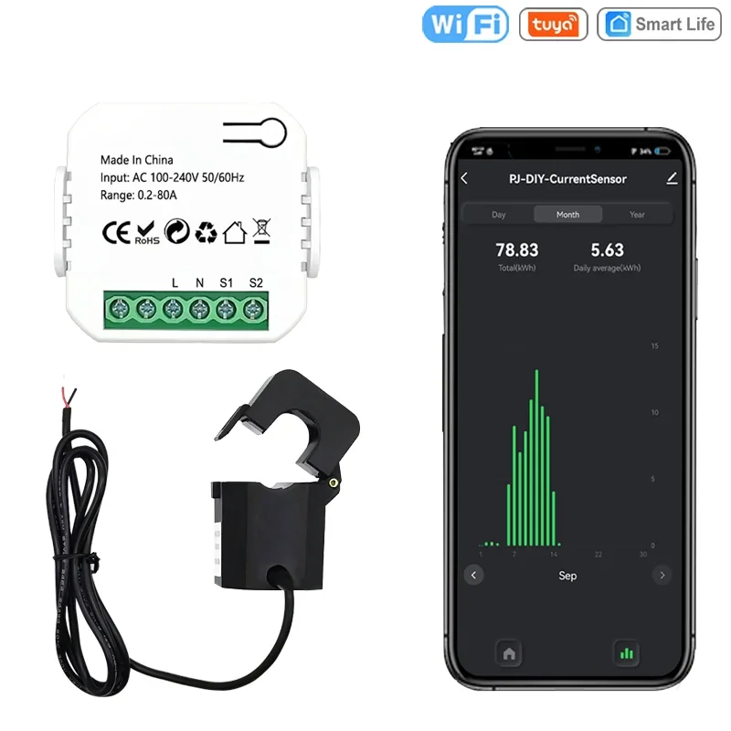 Tuya Smart Way WiFi Energy Meter Bidirection 1 Channel with Clamp App Monitor Solar Produced and Consumed Power AC110V 240V