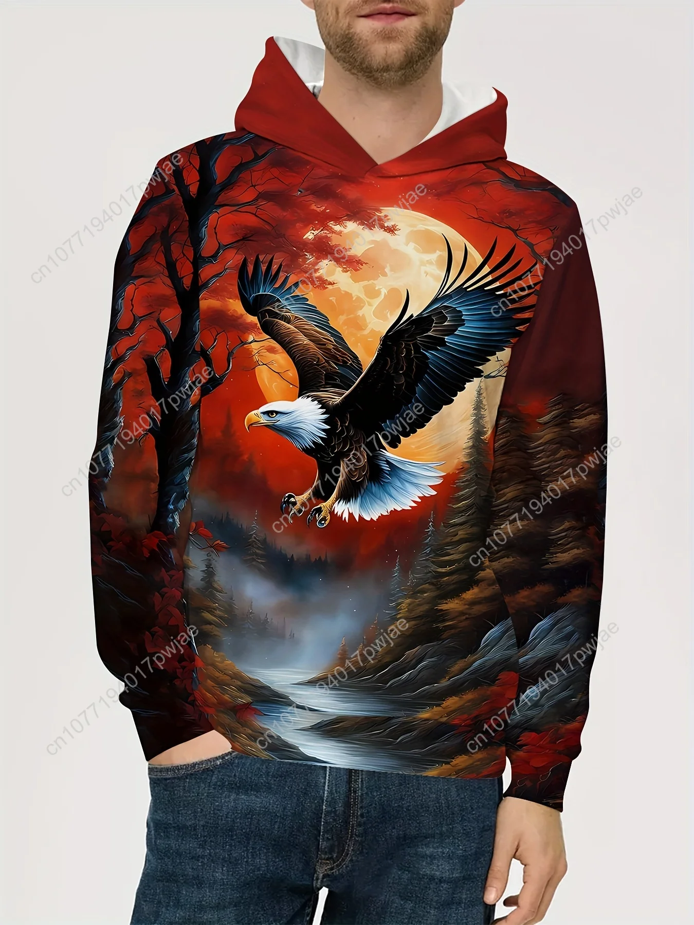 Men's Soaring Eagle & Sun Graphic Hooded Sweatshirt, Casual Trendy Long Sleeve Sports Top As Gift