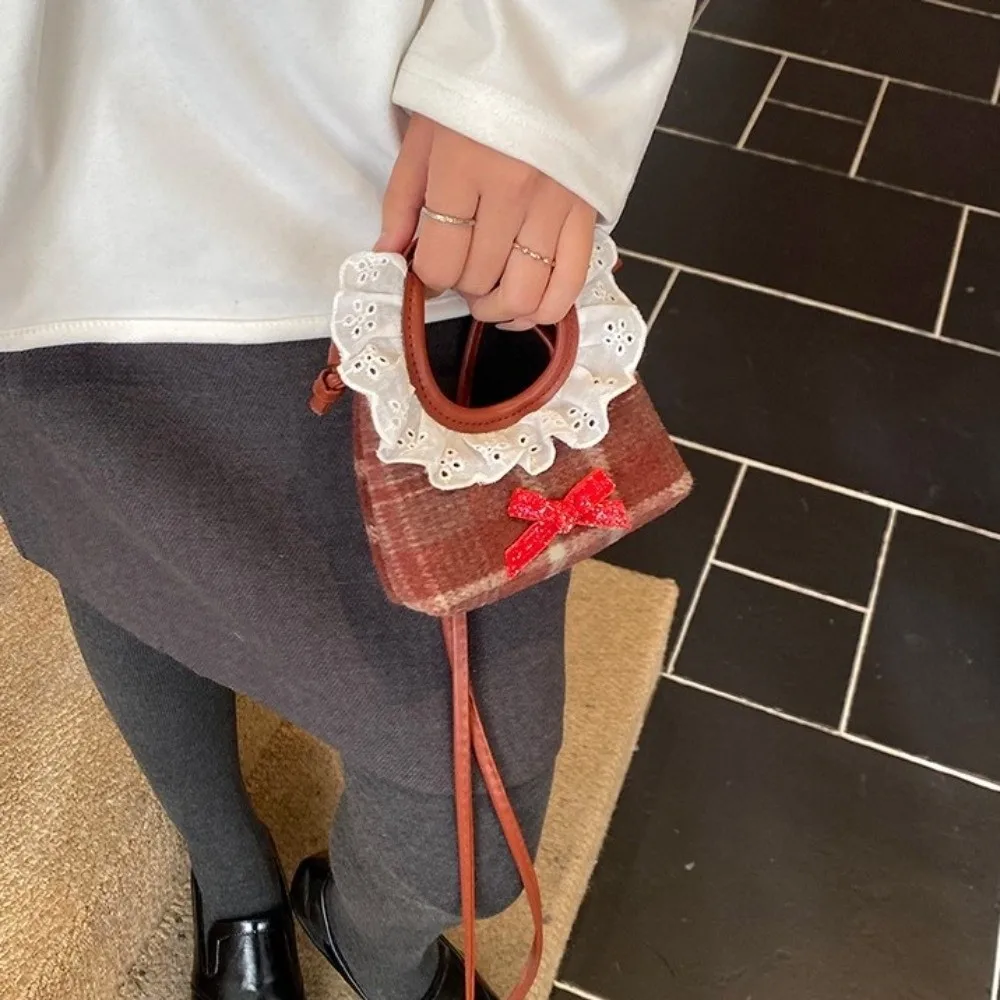 

Fashion Lace Plaid Crossbody Bag Mini Lightweight Furry Handbag Versatile Purse Bow Shoulder Bag Women
