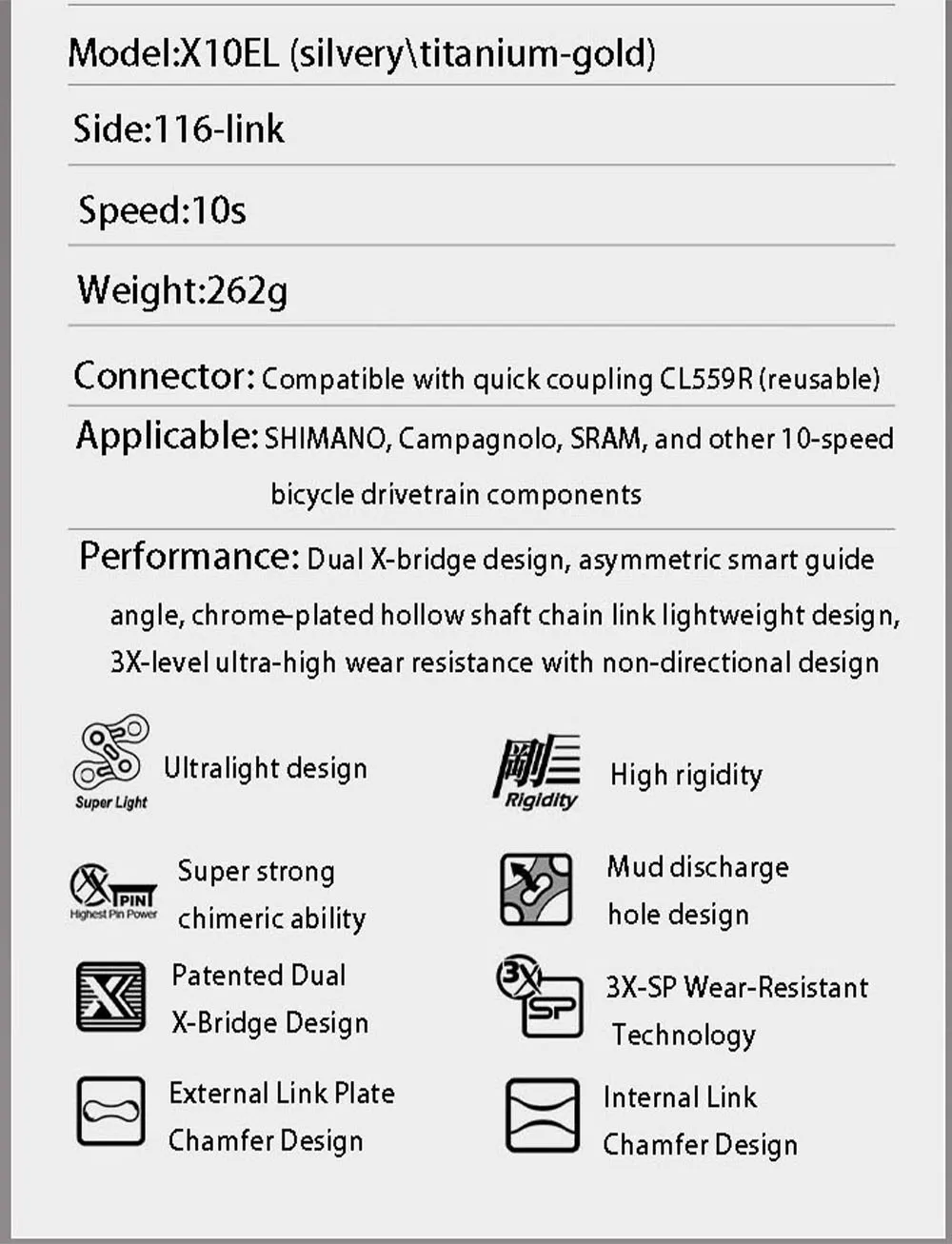 سلسلة دراجات KMC X-series 10\11 سرعة عالمية خفيفة الوزن بتصميم شبه مجوف سلسلة تدريب