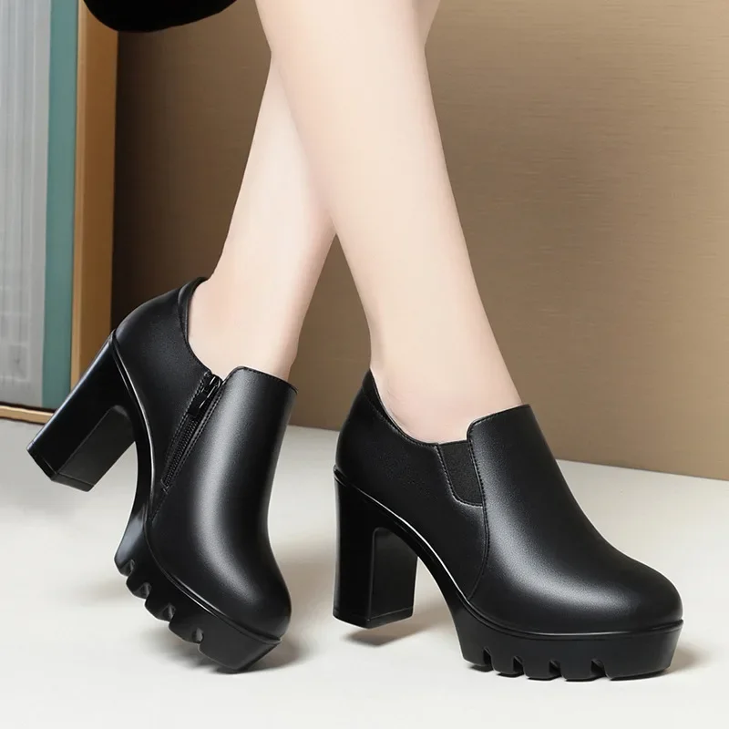 6.5cm 8.5cm Elegant Black Block High Heels Shoes Deep Mouth Spring 2024 Thick Platform Pumps Soft Leather for Office Model Work