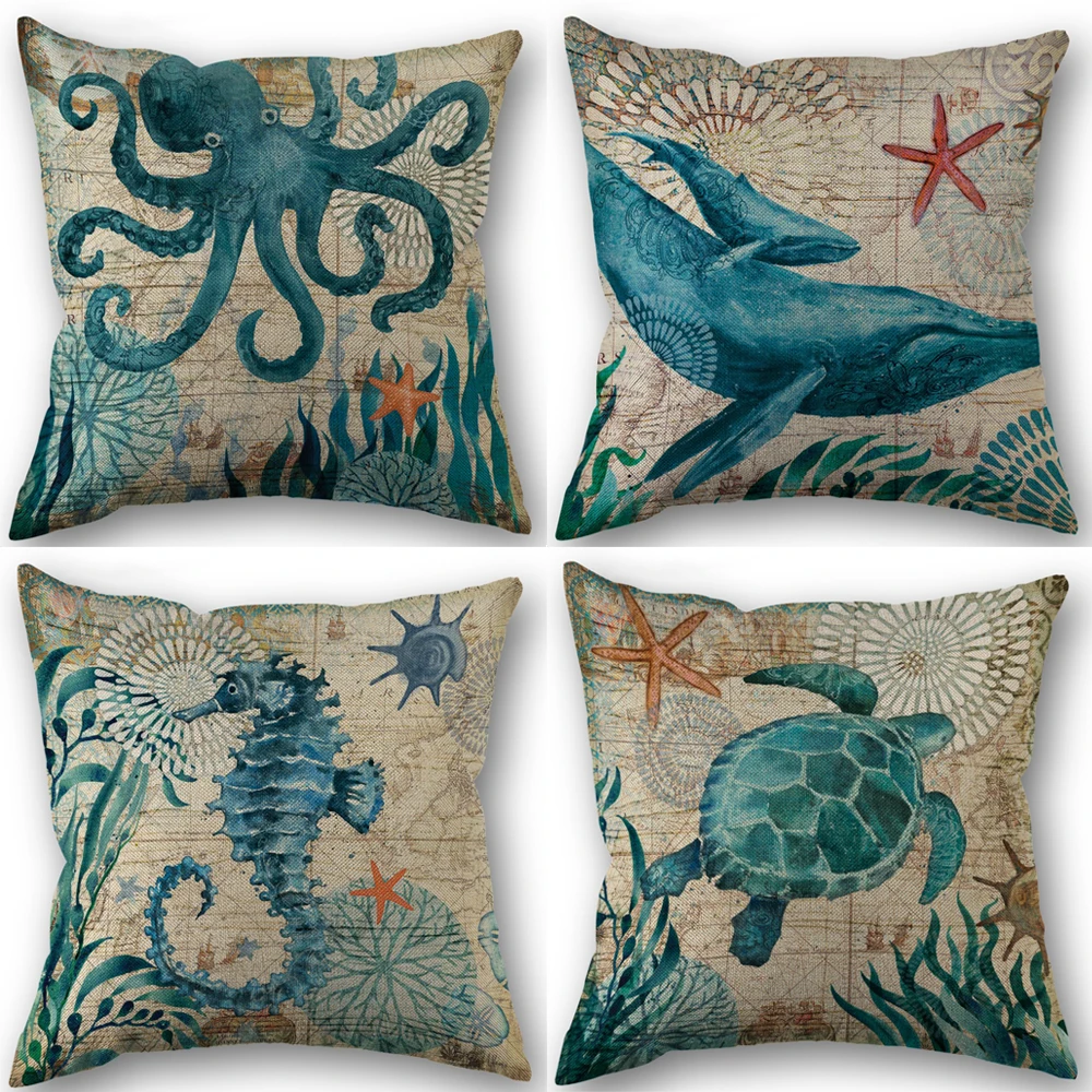 Sea Life Sea Turtle Seahorse Whale Octopus Pillowcase Wedding Decorative Cotton Linen Pillow Case For Home PillowCover