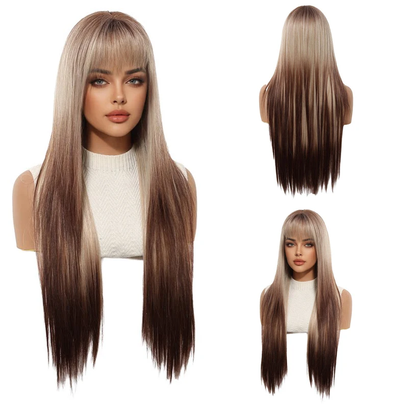 Ombre Ash Brown Blonde Long Straight Wig with Bangs For Women Natural Looking Heat Resistant Synthetic Wig Daily Party Cosplay