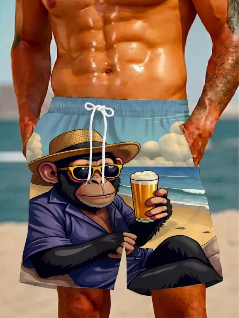 

Novelty 3D Monkey Graphic Beach Shorts Men's Funny Animal Print Casual Wear Elastic Waist Beach Shorts For Surfing & Holiday