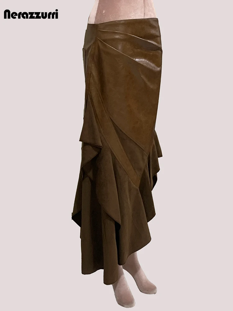 Nerazzurri Autunno Lungo Maillard Marrone Patchwork Pu Pelle Midi Gonna Asimmetrica Donna Designer di Lusso Vintage Emo Vestiti