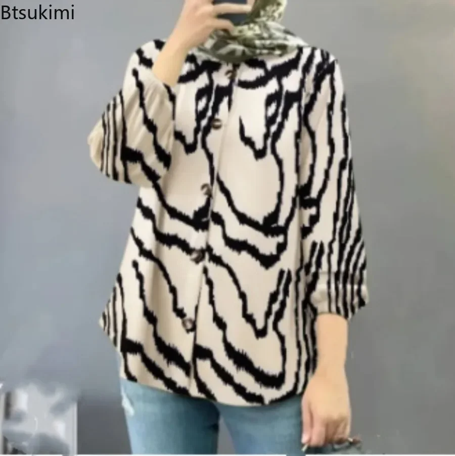 2025 Women's Loose Casual Vacation Blouse Spring Autumn Fashion Printed Puff Long Sleeve Button Tops Females Muslim Hijab Shirts