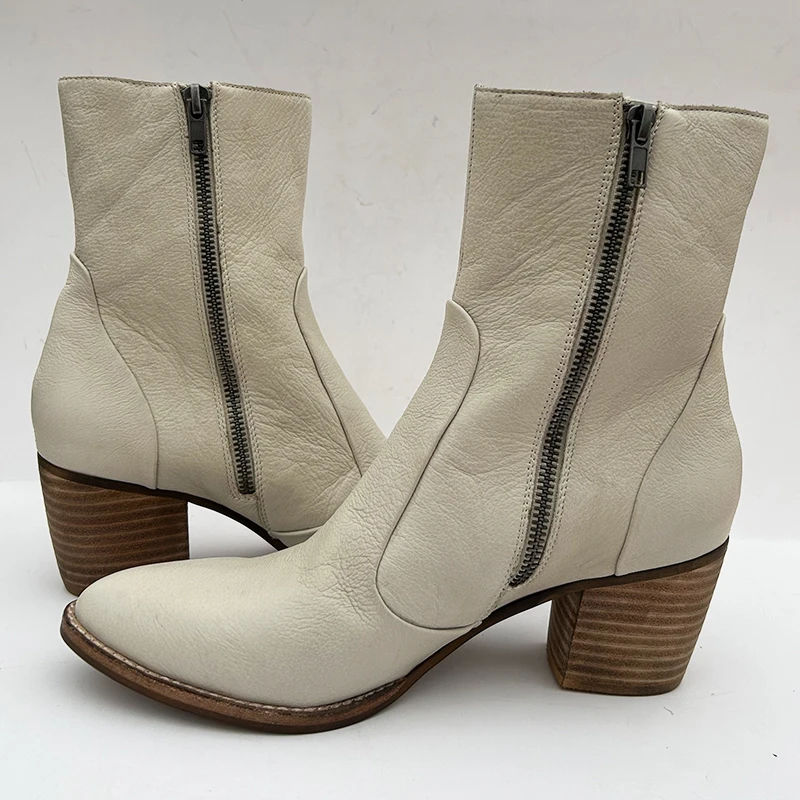 Soft Cow Leather Inside Zip Women Ankle Boots Point Toe Washed Stacked Mid Heel Rub Finish