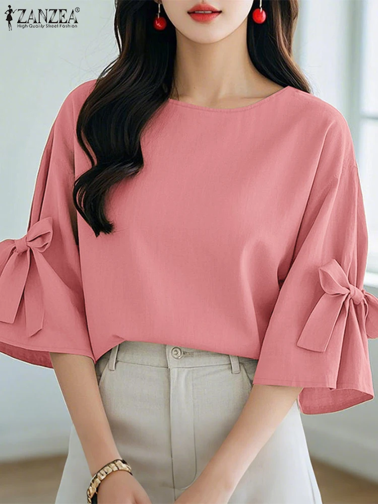 

2025 ZANZEA Summer Blouse Women Elegant O Neck 3/4 Sleeve Bows Shirt Solid OL Work Thin Tops Casual Loose Holiday Blusas Mujer
