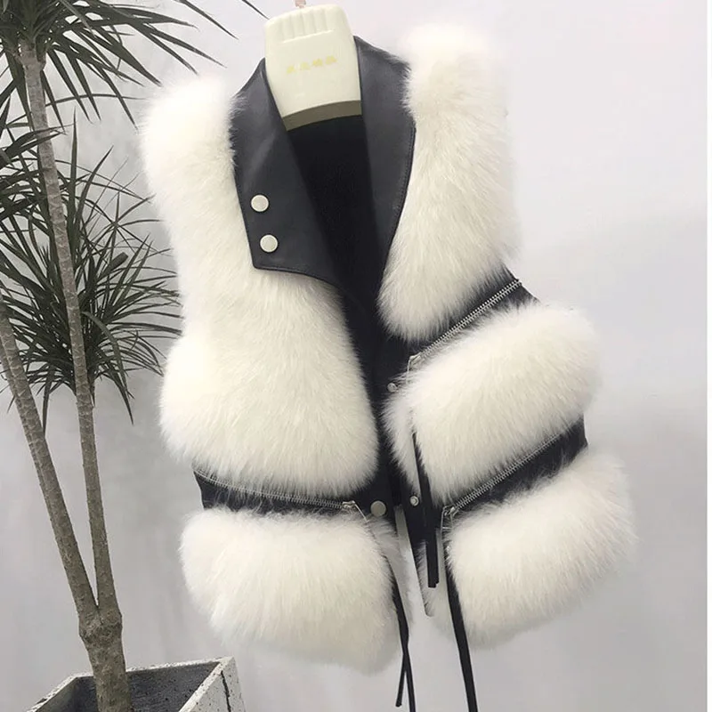 

New Women Winter Faux Fur Vest Coat Split Joint Imitation Fox Short Outerwear Lazy Breeze Jacket Minimal Fur Stitched Waistcoat