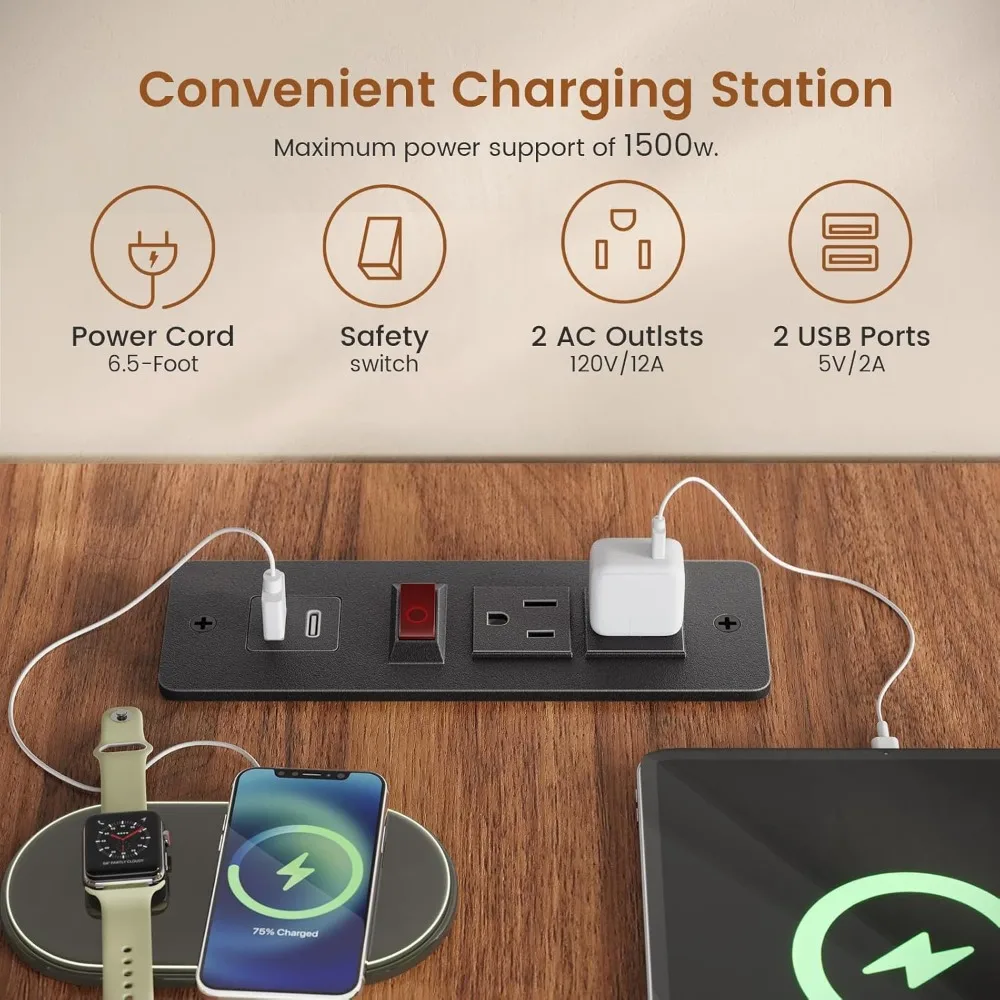 مكتب Farmhouse مقاس 67 بوصة على شكل حرف L مع 3 أدراج، ومكاتب مكتب منزلية مع أرفف تخزين، ومكتب كمبيوتر زاوية بيضاء مع مخرج طاقة