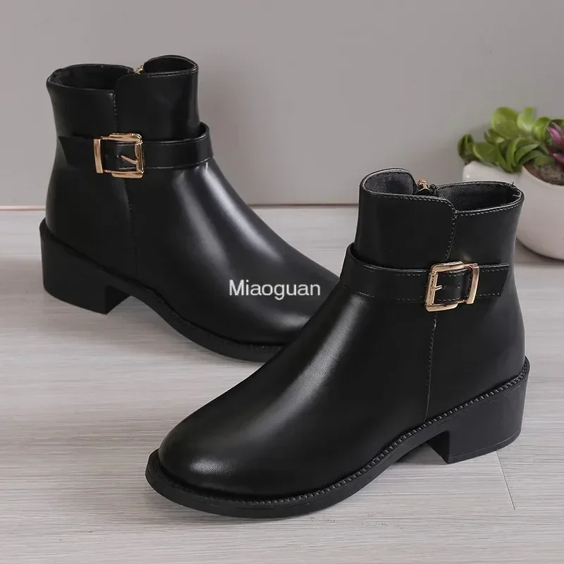 Short Belt Buckle Side Zipper 2025 New Thick Heeled with Plush Thickened Women's Boots British Style Fashion Boots Casual Shoes image 2