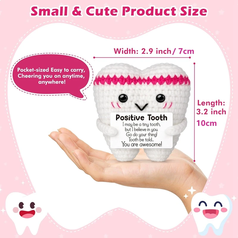 Positive Energy Crochet Tooth Doll with Card Funny Emotional Support Handmade Knitted Figurines Desktop Ornament Home Decor Gift