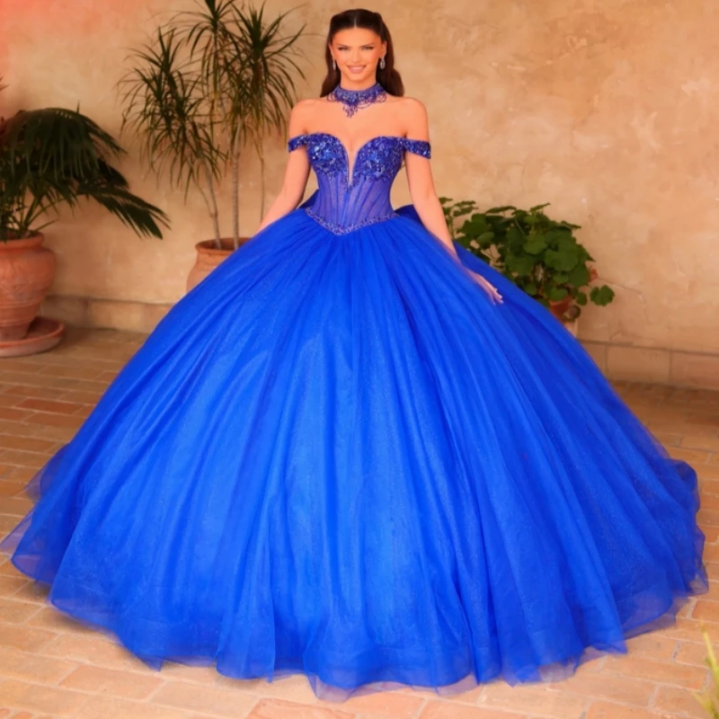 

Royal Blue Shiny Quinceanera Dresses Ball Gown Off The Shoulder Beads Tull Bow Party Birthday Sweet 16 Dress Vestidos 15 De Anos