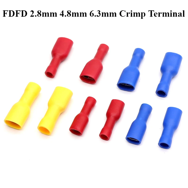 

FDFD Red/Blue/Yellow 2.8/4.8/6.3mm Female Insulated Spade Crimp Terminal Wire Connector For 0.5-2.5mm Electrical Wire Connecors