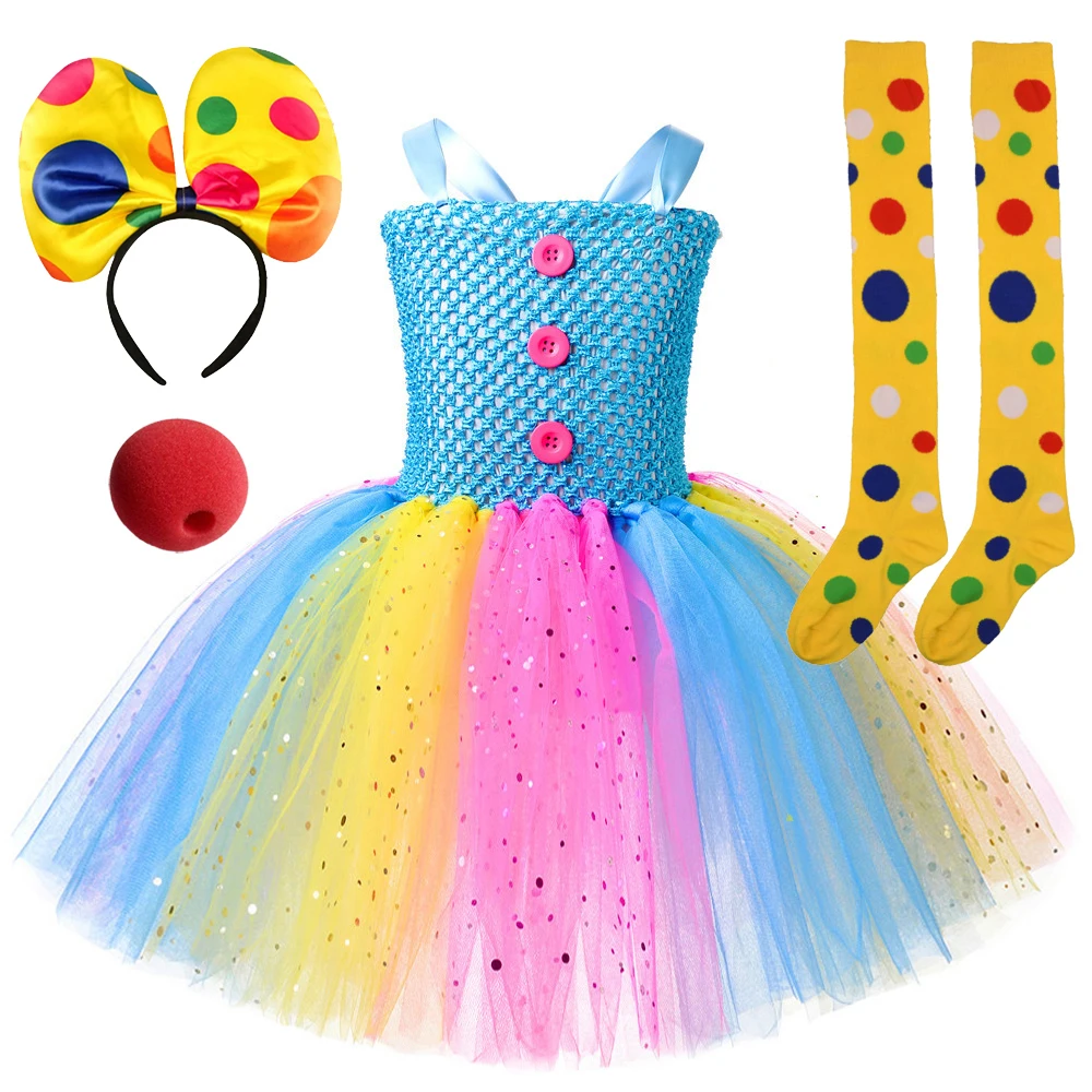 Sparkly Circus Clown Costumes for Girls Halloween Christmas Tutu Dress for Kids Joker Fancy Outfit Twinkle Circus Show Clothes