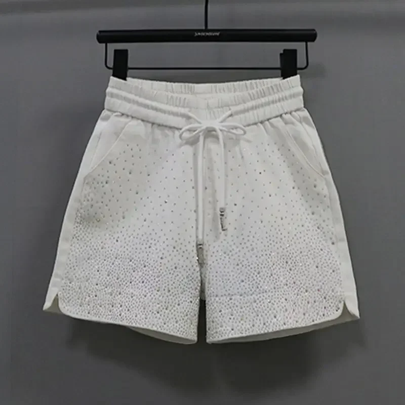 White Casual Women Denim Shorts 2024 New Summer All-match Lace-up Elastic Waist Hot Drill A-line Wide Leg Pants Short Jean