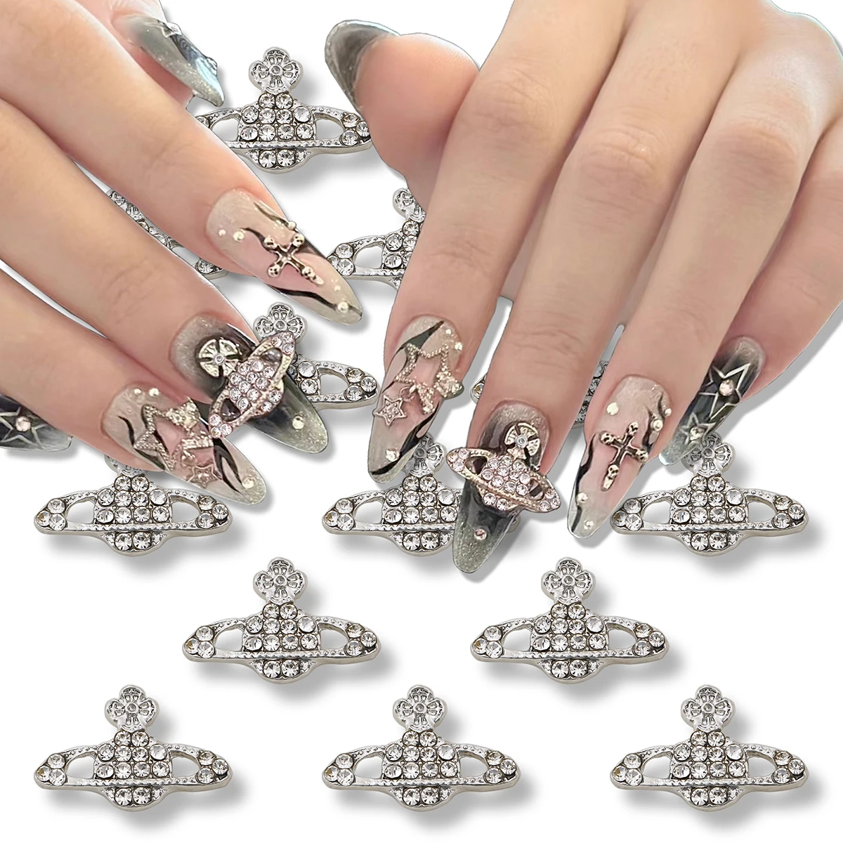 10 Stuks Europese En Amerikaanse Stijl Volledige Diamant Saturnus Planeet Legering Strass Y 2K Metalen Stijl Diy Nageldecoratie