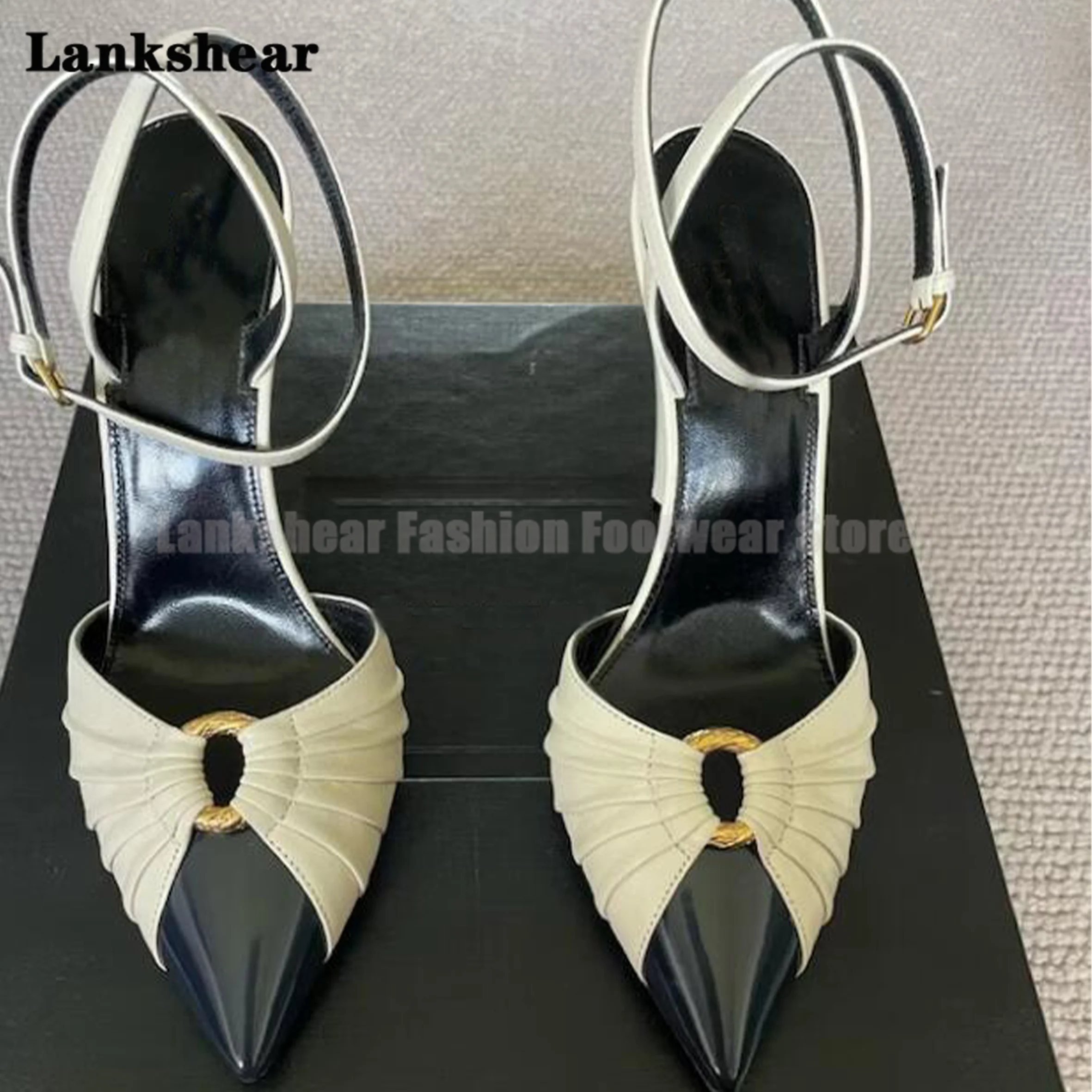 White Pointed Toe Metal Ring Sandals for Women Mixed Color Spike High Heels Shoes Ladies Sexy Office Summer Bow Knot Shoes