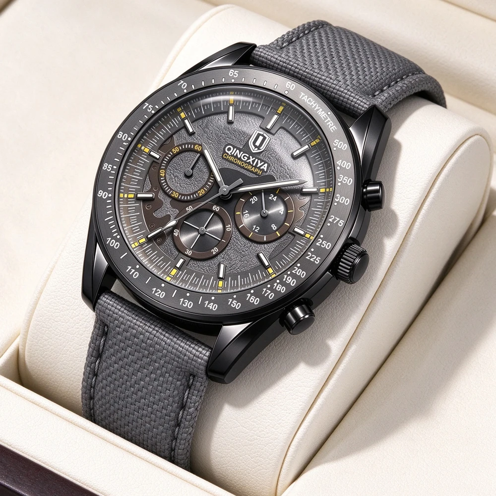 QINGXIYA Quartz Chronograph Watches Men Date 30M Waterproof Sport Wristwatch Fashion Leather Strap Watch Men Gifts Reloj Mujer