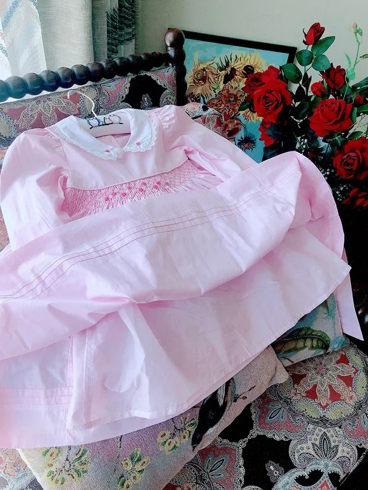 Smocked Pink Dress Baby Girl Vintage Spanish Frock Handmade Smocking Emboridery Toddler infant Children Boutique Clothes Outfit