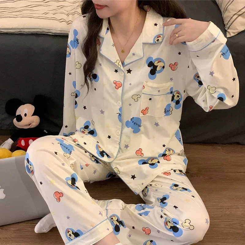 Cartoon Disney Mickey Mouse autumn new pajamas pajamas set casual long-sleeved trousers cute loose cardigan women\'s loungewear