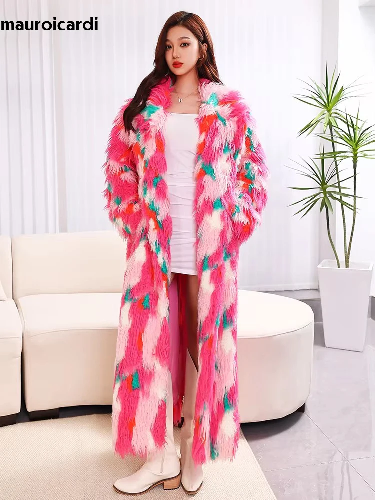 Mauroicardi Winter Luxury Oversized Extra Long Colorful Multicolored Thick Warm Fluffy Shaggy Hairy Faux Fur Coat Women Sashes